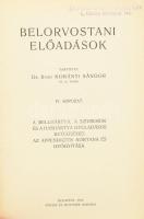 Korányi Sándor: Belorvostani előadások. I-IV. sor. Bp., 1910 - 1912., Singer és Wolfner, 192 p.; 254 p.; 222 p.; 226 p. Átkötött egészvászon-kötések, kissé kopott borítókkal, a II. kötet kopott borítóval, az I. kötet hátsó tábláján a papírborítás sérült.   Heckenast Gusztáv orvos (nem a történész) névbélyegzésével.