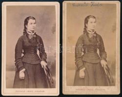 cca 1880 Szöllősi Terézia 2 db portréja, keményhátú fotó Ravasz Imre aradi műterméből, 10,5x6,5 cm