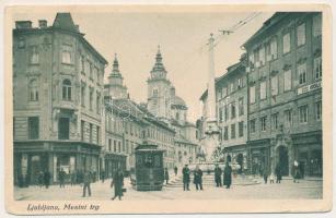 Ljubljana, Laibach; Mestni trg / square, tram, shops (EB)