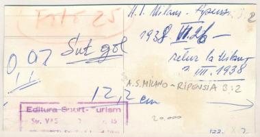 1938 Bucuresti, Bukarest, Bucharest; RIPENSIA Temesvár - AC Milan (3:0) labdarúgó mérkőzés, focisták...