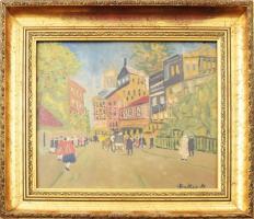 Berkes A jelzéssel: Nagyvárosi forgatag. Olaj, karton, 30x35 c,. Dekoratív, üvegezett, kissé sérült fakeretben.