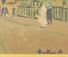 Berkes A jelzéssel: Nagyvárosi forgatag. Olaj, karton, 30x35 c,. Dekoratív, üvegezett, kissé sérült ...