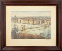 Conrád Gyula (1877-1959): Lánchíd (Budapesti panoráma). Színes rézkarc, papír, jelzett, üvegezett fa...