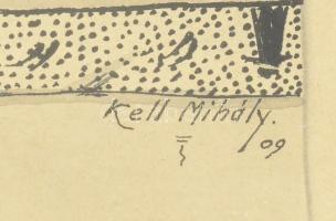 Kell Mihály 09 jelzéssel: Pezseg az élet (karikatúra). Tus, papír, sérült. Dekoratív, üvegezett fake...