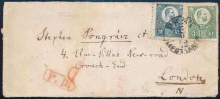 1872 Réznyomat 3kr + 10kr levél előlapon Londonba piros P.D. bélyegzéssel + 8 weiterfranko PEST / LIPÓTVÁROS