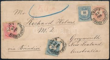 1885 5kr díjjegyes boríték 5kr + 2 x 10kr kiegészítéssel BUDAPEST FŐPOSTA / ÉJJEL - TRIEST / TRIESTE - GREYMOUTH (Új-Zéland)