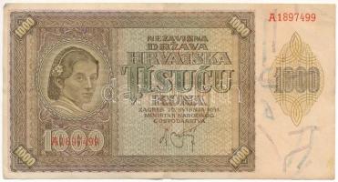 Horvátország / Független Horvát Állam 1941. 1000K A T:F szép papír Independent State of Croatia 1941. 1000 Kuna A C:F fine paper Krause P#4a