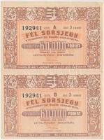 Budapest 1948. &quot;Fél sorsjegy - VIII. Újjáépítési Állami sorsjáték&quot; fél sorsjegye, 2db egyben, vízjeles papíron T:XF,VF ly.