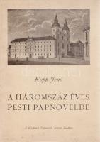 Kopp Jenő:  A háromszáz éves pesti Papnövelde.  Budapest, 1948. Központi Papnevelő Intézet (Stephaneum ny.) 35 + [1] p. + 36 (LXXII) t. (fényképek). Folio.  A Kopp Jenő művészettörténész által írt pedagógia- és helytörténeti tanulmány után a belvárosi nevelőintézet belső tereiről készült gazdag fotóanyag. A borítót Jeges Ernő tervezte. A címoldalon apró, halvány foltosság.  Fűzve, illusztrált, enyhén foltos kiadói papírborítóban. Jó példány.