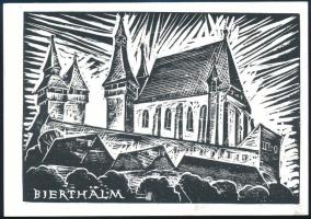 Molnár Dénes (1947-2000): Berethalom, Bierthälm (Erdély). Fametszet, papír, jelzett a hátoldalán a művész bélyegzésével, 9x13 cm.