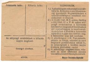 1946. 100.000AP nem kamatozó Pénztárjegy "B 019782" "Másra át nem ruházható" fel...