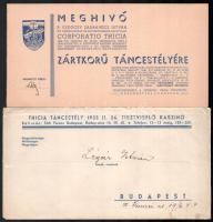 1938 Meghívó P. Uzdóczy Zadravecz István ny. tábori püspök úr protektorsága alatt álló Corporatio Thicia 1938. évi februrár hó 26-án szombaton este 9 órai kezdettel a Tisztviselő Kaszinó ...rendezendő zártkorű táncestélyére. Névre szóló borítékkal.