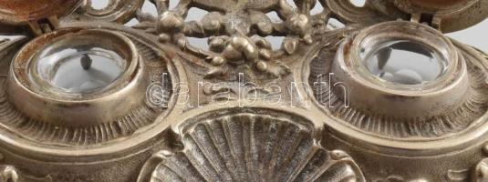 Antik vas kalamáris. Angyalfigura díszítéssel, kissé pattogzott üveg tégelyekkel, tollal, jó állapot...