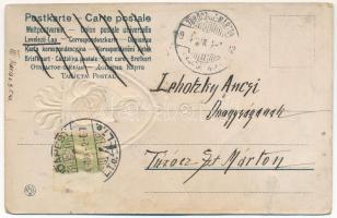 1904 Arany dombornyomott szecessziós művészlap / Art Nouveau embossed golden art postcard (lyukak / ...