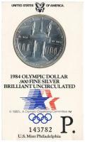 Amerikai Egyesült Államok 1984P 1$ Ag XXIII. Nyári Olimpiai Játékok, Los Angeles eredeti, sorszámozott karton díszcsomagolásban T:BU  USA 1984P 1 Dollar Ag Los Angeles XXIII Olympiad in original, serial numbered cardboard blister C:BU Krause KM#210