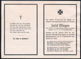 1914 Német katonatiszt halotti értesítője, kétoldalas