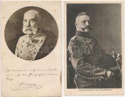 4 db RÉGI képeslap: Ferenc József, Hindenburg, első világháborús német hadihajó, és csata jelenet / 4 pre-1945 postcards: Franz Joseph I of Austria, Hindenburg, WWI Imperial German Navy (Kaiserliche Marine) and military art postcard