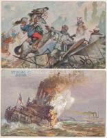 4 db RÉGI képeslap: Ferenc József, Hindenburg, első világháborús német hadihajó, és csata jelenet / ...