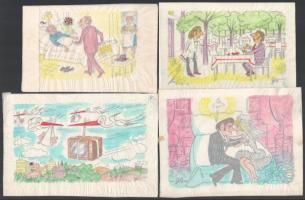 Szegő Gizi (1902-1985): Karikatúrák vázlatai, 12 db. Vegyes technika, papír, mind jelzett. Többségén...