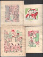 Szegő Gizi (1902-1985): Karikatúrák vázlatai, 12 db. Vegyes technika, papír, mind jelzett. Mindegyik...
