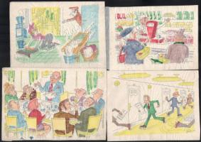 Szegő Gizi (1902-1985): Karikatúrák vázlatai, 14 db. Vegyes technika, papír, egy kivételével mind je...