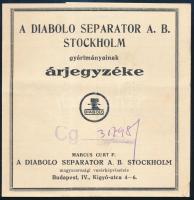 cca 1930 A Diabolo Separator A. B. Stockholm gyártmányainak (tejipari gépek) árjegyzéke, kihajtva: 35x13 cm