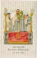 1928 Boldog Újévet! Héber nyelvű zsidó újévi üdvözlőlap. Judaika / Jewish Art Nouveau New Year greeting postcard with Hebrew text, Judaica. E. Schreier Emb. litho (fa)