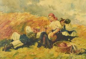 Sipos Sz. Gyula (-): Pihenő aratók. Olaj, vászon, jelzett. Dekoratív fakeretben. 60x80 cm
