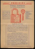 cca 1920-1940 ,,Ursus" preciziós lakat. Uj szabadalom: Patent Bardocz. Gyártja: ,,Ursus" fémtechnikai találmányok üzeme Bpest (Kőbánya). Illusztrált reklámlap, középen hajtott, 29,5x21 cm