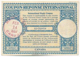 Kanada 1957. 12c &quot;UPU Nemzetközi Válaszdíjszelvény&quot; T:XF  Canada 1957. 12 Cents &quot;UPU International Reply Coupon&quot; C:XF