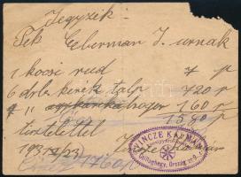 1931 Csillaghegy, Vincze Kálmán kocsigyártó-mester jegyzéke, jobb felső sarkában sérült