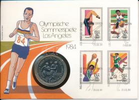 Man-sziget 1984. 1C Cu-Ni XXIII. Olimpia Los Angeles bélyeges borítékban, bélyeggel és bélyegzéssel T:UNC  Isle of Man 1984. 1 Crown Cu-Ni 23rd Olympiad Los Angeles in coin envelope with stamps and cancellations C:UNC Krause KM#118