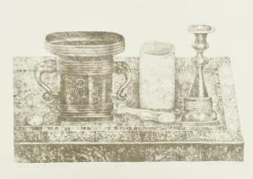 Zemlényi Csaba (1943-): Still life (csendélet), 2003. Litográfia, papír, jelzett, számozott (6/50), 18x31,5 cm