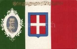 Victor Emmanuel III., with the House of Savoy coat of arms, flag of Italy and sheet music, III. Viktor Emánuel, a Savoyai-ház címerével, olasz zászló, kotta