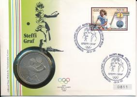 Niue 1987. 5$ Cu-Ni " Nyári Olimpia Szöul 1988 - Steffi Graf" felbélyegzett borítékban, bélyegzéssel T:UNC patina Niue 1987. 5 Dollars Cu-Ni "Summer Olympics Seoul 1988 - Steffi Graf" in envelope with stamp and cancellation C:UNC patina Krause KM#5