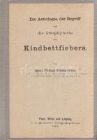 Semmelweis [Ignác Fülöp], Ignaz Philipp Die Aetiologie, der Begriff und die Prophylaxis des Kindbettfiebers. [Miniatűr hasonmás kiadás.] [Budapest, 1968. Budapesti Orvostudományi Egyetem]. VI + 543 + [1] p. Egyetlen miniatűr kiadás. Semmelweis Ignác gyermekágyi lázról írt főműve első kiadásának miniatűr hasonmás-kiadását az indokolta, hogy a Budapesti Orvostudományi Egyetem - alapítása 200. évfordulóján - felvette Semmelweis nevét. (A kötetben nem található impresszumadatok az OSZK katalógusából származnak.) Bibliapapíron. Fűzve, kiadói vászonborítóban, az első fedőborítón az eredeti borító felragasztott hasonmása. Részben felvágatlan, jó példány.