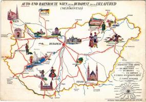 Auto- und Bahnroute Wien-Budapest-Lillafüred-Mezőkövesd / A budapesti Grand Hotel Hungaria & Hotel Ritz Dunapalota térképes reklámlapja / Hungarian route map, tourism campaign (gyűrődések / creases)