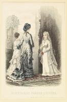 1877 Divatkép menyasszonnyal és hölgyekkel, az Illustrirte Frauen-Zeitung márc. 5 számából. Színes rotációs fametszet, papír, jelzett a metszeten. paszpartuban. 27x19 cm