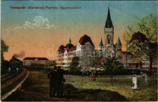 1918 Temesvár, Timisoara; Piarista főgimnázium, gőzmozdony, vonat / grammar school, locomotive, train (fa)