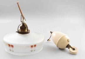 Szecessziós lámpabúra, zománcfe4stett, savmaratott búrával, hozzá lámpasúly, búrán pattanással, d: 21 cm