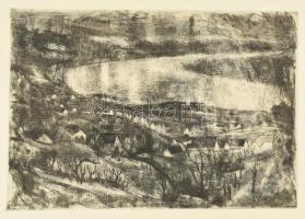 Szőnyi István (1894-1960): Dunakanyar. Rézkarc, papír, jelzett a karcon, hátoldalán Palota Galéria bélyegzőjével, 29×43 cm