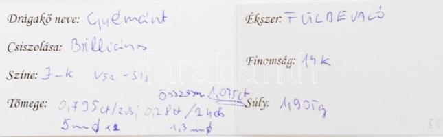 Arany (Au) 14K fülbevalópár, gyémántokkal, briliáns csiszolás, jelzett, összesen: 1,075 ct, bruttó: ...