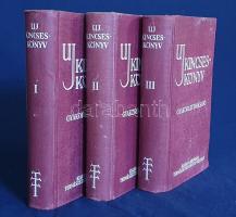 Új kincseskönyv. Gyakorlati tanácsadó. A mindennapi élet természettudományi és technikai kérdéseiben otthon és a ház körül. Szerkesztette: Aujerszky László és Gombocz Endre. I-III. kötet. [Teljes.] Budapest, 1940-1941. Királyi Magyar Természettudományi Társulat (Királyi Magyar Egyetemi Nyomda). [6] + 559 + [1] p.; VII + [1] + 559 + [1] p.; IV + 672 p. Általános háztartástani kötetünk első kiadása 1932-ben jelent meg, Gombocz Endre botanikus és tudománytörténész szerkesztésében, egy kötetben. A munka alaposan kibővített kiadása a háztartási tudnivalók bázisán felépülő általános természettudományos ismeretterjesztő munkák számát gyarapítja, két hasábra tördelt szövegoldalain gazdag szövegközti illusztrációs anyag kíséretében. A munka éppúgy tárgyalja az időjárási alapismereteket, mint a fűtéstechnikát, vázolja a fél év alatt felépítendő családi ház építési időbeosztását, az élelmiszermérgezés-fajták egész arzenálját tárja olvasói elé, beavat a konyhaművészet és a tartósítás eljárásaiba, konzervipari részletekkel szolgál, az élvezeti cikkek között újdonságként ismerteti a rágógumit, a koffeinmentes kávét; a világháborús időkre tekintettel bőségesen ismerteti a légvédelem és óvóhely-építés, az elsötétítés elveit, a gázálarc-viselési módszereket, beavat a folt-eltávolítás, a bőrcserzés, az impregnálás, a láthatatlan tinták készítésének eljárásaiba, taglalja a kártevőirtás, az állattartás és méhészet tudnivalóit, bevezet a fényképezés és a rádiózás részleteibe, valamint alapos kertészeti, szőlészeti, borászati ismeretekkel szolgál, végül táblázatos formában közli a csillagászat, a meteorológia, a geográfia, a földtan, az ásványtan, a botanika és a zoológia meghatározott tudásanyagát. A második kötet első előzékén régi tulajdonosi bejegyzés. BOEH VII: 3362. BOEH VIII: 2524. Horváth 0. Egységes, feliratozott kiadói félvászon kötésben. Jó példány.