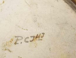 Szecessziós alpakka kínáló, eredeti üvegbetéttel. Kis pattogzással, d: 25 cm, m: 10 cm