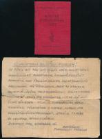 1948 Magyar Kommunista Párt (MKP) fényképes tagsági könyv Koltai Ferenc, a Légrády nyomda dolgozója részére, bélyegekkel + Kézzel írt levél: ,,Állami Nyomda dolgozói - figyelem! Ne türjetek meg soraitokba gyáva szovjetbarát hazaárulókat. (...) Strájk tovább az oroszok kivonulásáig. Budapest, 1956. november 15. Munkások Forradalmi Tanácsa".