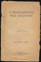 Dóczi Pál: A perzsaszőnyeg házi készítése. Bp., 1930, A Manus Rt., 125+3 p. Harmadik bővített kiadás. Fekete-fehér illusztrációkkal. Kiadói papírkötés, széteső állapotban, részben szétvált kötéssel, az első két lap és az utolsó lap sérült, hiányos.