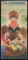 cca 1936 La Hongrie, Magyarországot bemutató, francia nyelvű idegenforgalmi prospektus, fekete-fehér és színes illusztrációkkal, a borítón Konecsni György és Kling György grafikájával. Bp., Stádium-ny., a borítón néhány folttal, kihajtva: 41x22,5 cm