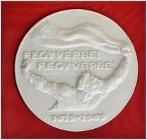 1969. Fegyverbe! Fegyverbe 1919-1969 egyoldalas porcelán plakett a Tanácsköztársaság 50. évfordulójára, hátoldalon kézzel írt ajánló sorok, eredeti dísztokban (171mm) T:AU