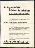 1947 A Vígszínház bérleti felhívása az 1947-48. színházi évadra. Vígszínház bérlet prospektusa. [Bp.], Magyar Központi Híradó Rt., 4 sztl. lev.