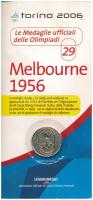 Olaszország 2006. aranyozott fém emlékérem az 1956-os Melbourne-i Olimpia logójával, eredeti, de kissé viseltes "Az olimpia hivatalos érmei - 29. - Melbourne 1956" díszlapon (32mm) T:UNC  Italy 2006. gilt metal medallion with the logo of the Olympiad in Melbourne 1956, in original, but worn "Le Medaglie ufficiali delle Olimpiadi - 29. - Melbourne 1956" sheet (32mm) C:UNC